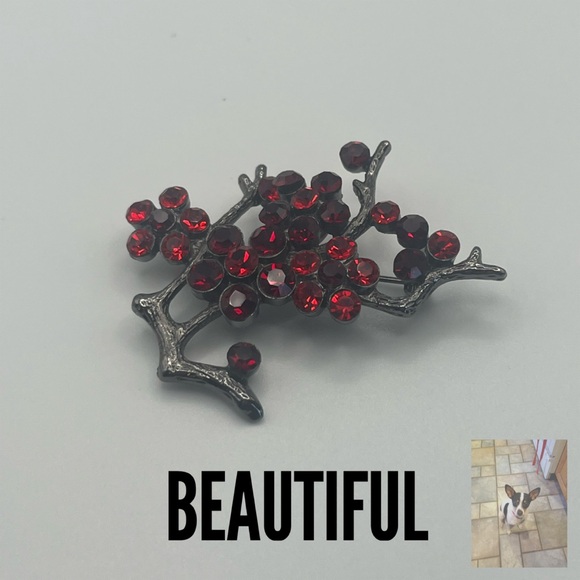 Gunmetal Color and Red Rhinestone Tree Brooch - Picture 1 of 4